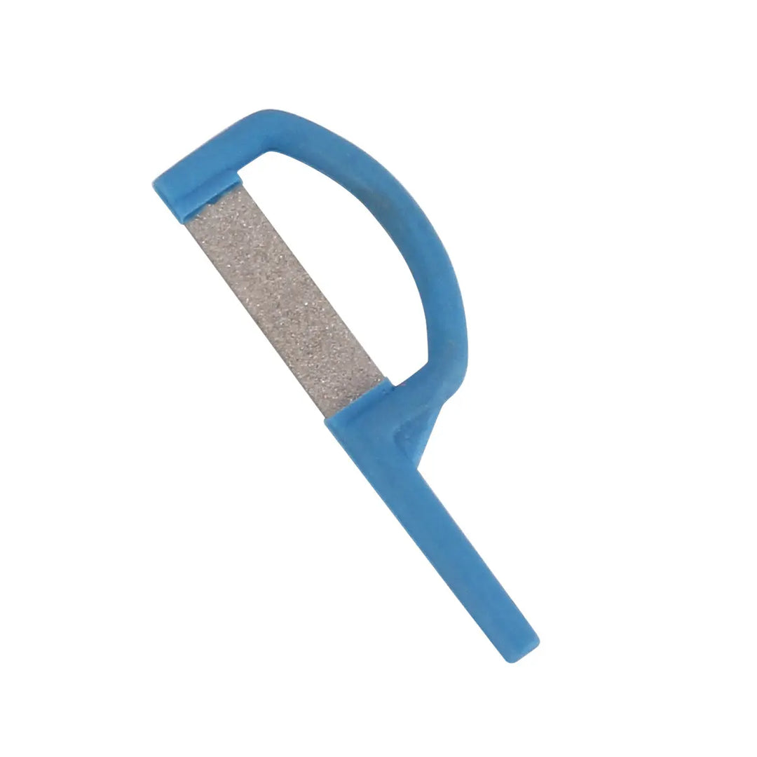 Dental Orthodontic Interproximal Enamel Reduction Automatic Strip: Blue-handled dental tool with curved metal abrasive strip for precise enamel reduction in orthodontic procedures. Designed for efficient contouring and contact point opening.