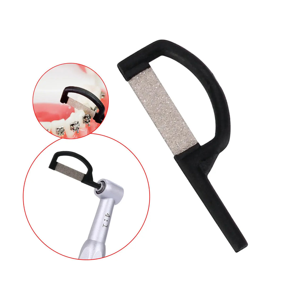 Dental Orthodontic Interproximal Enamel Reduction Automatic Strip with D-shaped handle, abrasive surface, and demonstration images showing use on dental model and with dental handpiece for precise enamel reduction in orthodontic procedures