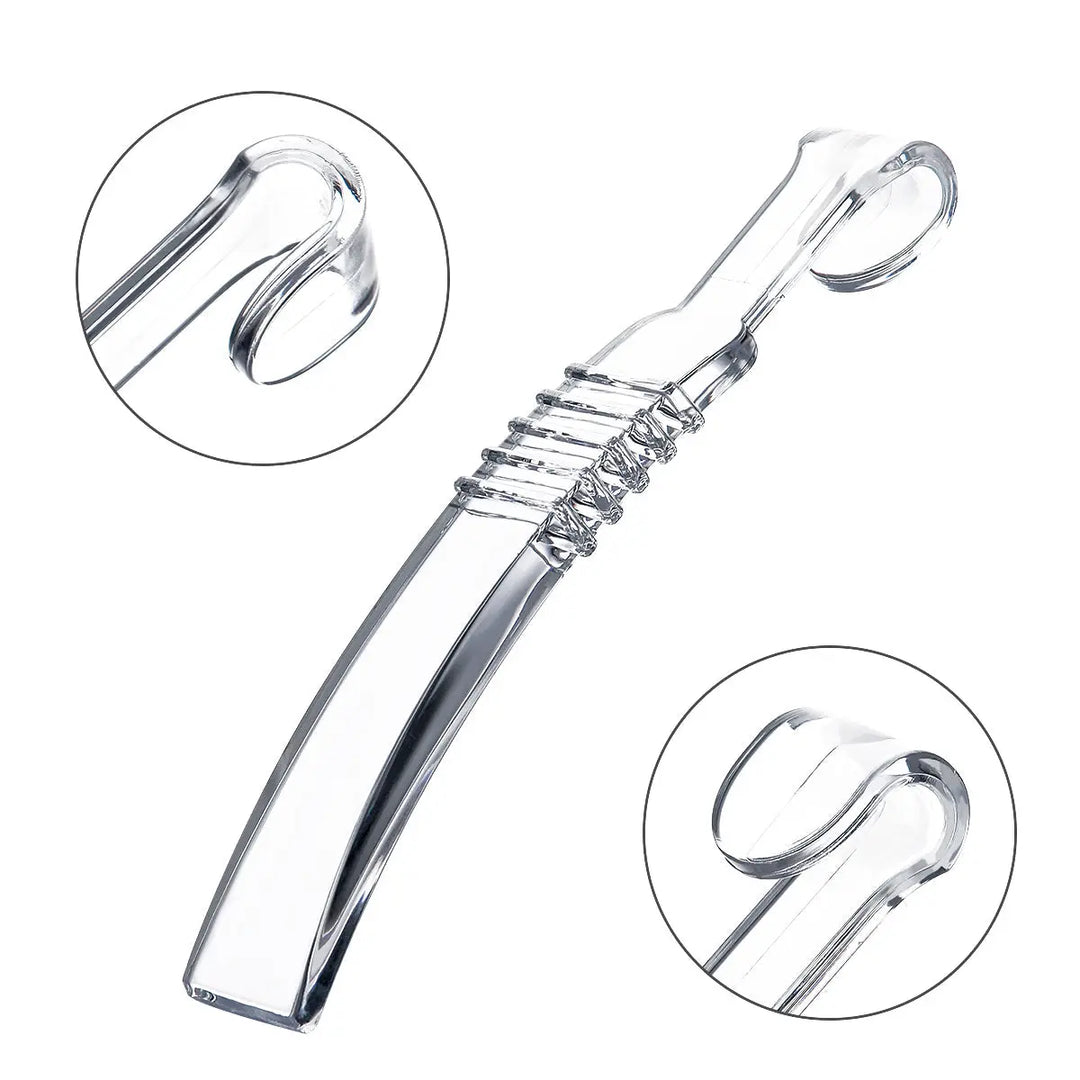 Dental Orthodontic Intraoral Corner Side Mouth Opener Cheek Lips Retractor: Clear plastic dental tool with curved design and ridged handle for optimal visibility and ease of use during oral examinations or procedures, featuring close-up views of its specialized ends for effective cheek and lip retraction.