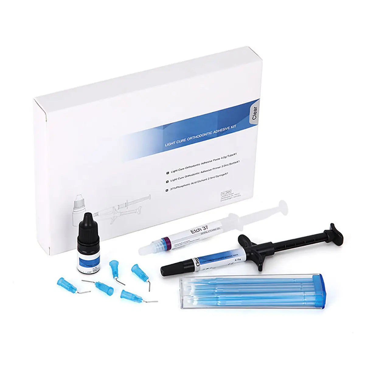 Dental Orthodontic Light Cure Adhesive Kit Clear 4g with syringe, primer bottle, etchant syringe, application brushes, and syringe tips. Complete set for bonding metal and ceramic brackets with strong, reliable adhesion and excellent handling.