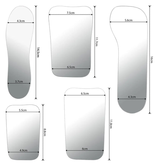 Dental Orthodontic Photography Glass Mirror Double-Sided Intraoral Photo Reflector set with five different shapes and sizes. Each mirror features smooth edges and double-sided reflective surfaces for true color representation. Dimensions are clearly labeled for each mirror in the set.