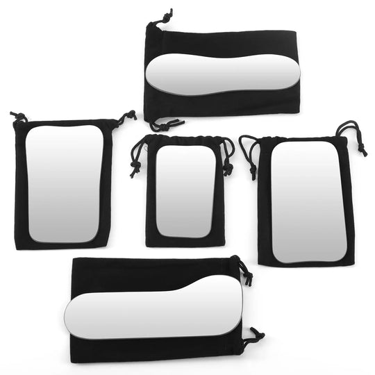 Dental Orthodontic Photography Glass Mirror Double-Sided Intraoral Photo Reflector set including five different sizes and shapes of mirrors in black protective pouches with drawstrings, designed for various intraoral photography angles and dental procedures