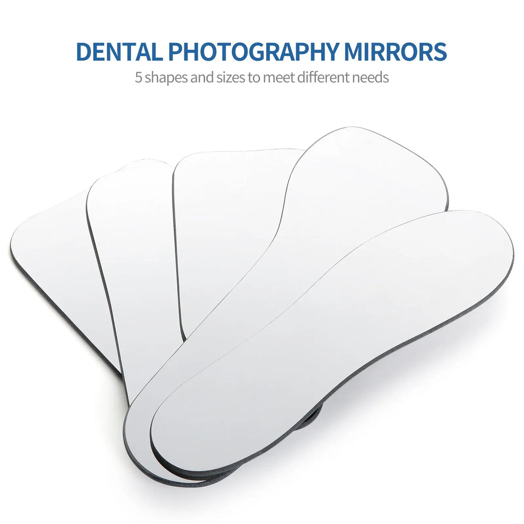 Dental Orthodontic Photography Glass Mirror set featuring five different shapes and sizes for intraoral reflections. Double-sided, autoclavable mirrors with smooth edges for optimal dental imaging. True color representation for accurate Shopify product photos.