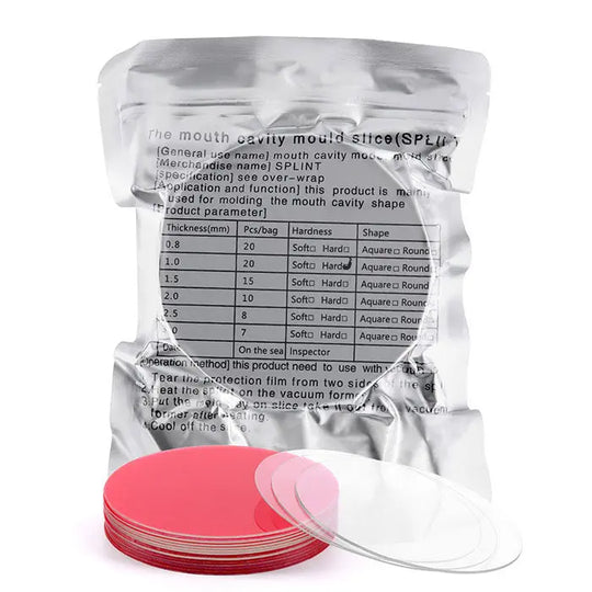 Dental Orthodontic Splint Retainer Vacuum Forming Sheet Soft and Hard Plastic Clear Round with packaging, product specifications chart, and red and clear circular plastic sheets for dental molds and retainers