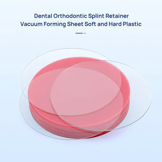 Dental Orthodontic Splint Retainer Vacuum Forming Sheet: Stack of transparent and pink circular plastic sheets for dental retainers, showing soft and hard plastic options, with product title visible above.