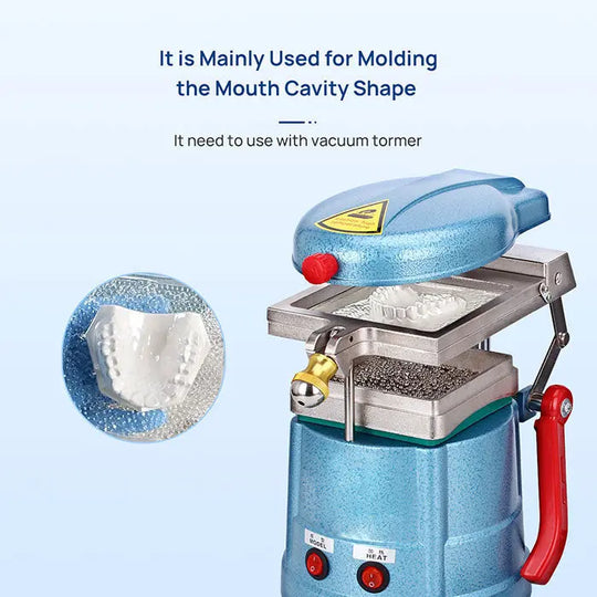 Dental Orthodontic Splint Retainer Vacuum Forming Sheet with vacuum former machine for molding mouth cavity shape. Image shows blue dental equipment and a close-up of a clear plastic mold for dental retainers.