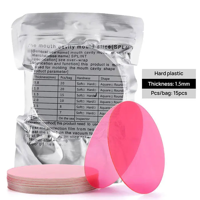 Dental Orthodontic Splint Retainer Vacuum Forming Sheet: Package of hard plastic sheets, 1.5mm thick, 15 pieces per bag, with product specifications label. Pink oval-shaped dental molds displayed alongside for size reference.