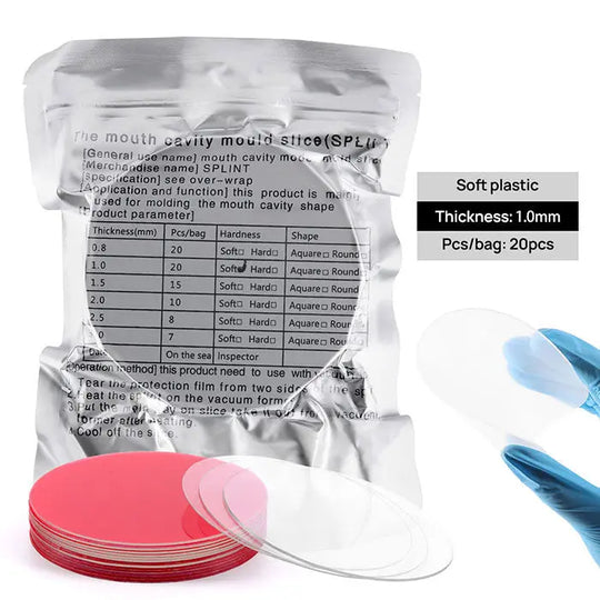 Dental Orthodontic Splint Retainer Vacuum Forming Sheet Soft and Hard Plastic Clear Round. Package of transparent circular sheets for dental molds, with product specifications and usage instructions visible. Red and pink circular sheets shown alongside packaging.