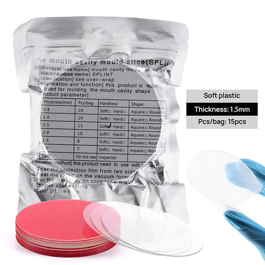 Dental Orthodontic Splint Retainer Vacuum Forming Sheet showcasing product packaging, specifications, and example circular plastic sheets in various colors. Includes soft and hard plastic options for dental splints and retainers, with thickness and quantity information visible.