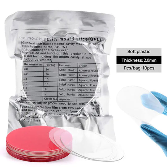 Dental Orthodontic Splint Retainer Vacuum Forming Sheet, soft and hard plastic, clear round. Package of transparent sheets with product details, thickness options, and usage instructions. Red and clear plastic discs shown for dental molds and retainers.