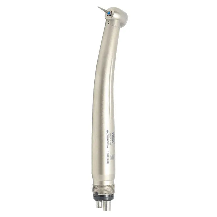 Dental Pana-Max2 Standard push button handpiece with sleek silver design, curved shape, and small head for precise dental procedures. Features ceramic bearings, push-button bur change, and clean head system for efficient and hygienic use in dental practices.