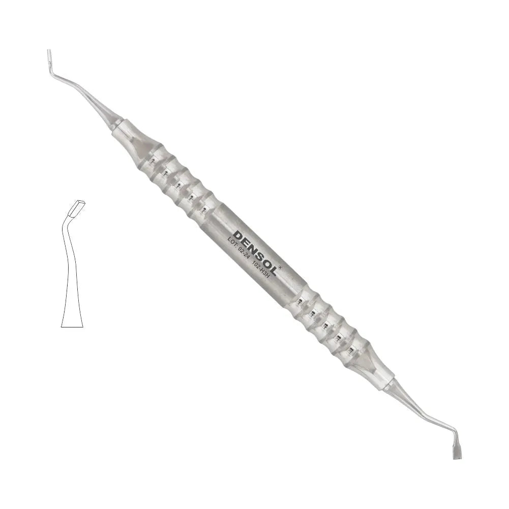 Dental Plugger Condenser 2.5 Flat Hollenback 3 with hollow handle, made of stainless steel. Silver dental instrument with textured grip and angled ends for packing amalgam into cavities. Dentist tool for precise restoration work.