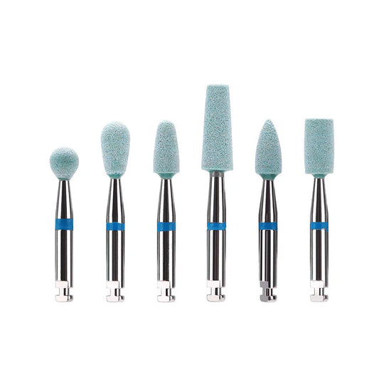 Six Dental Polishing Ceramic Diamond Grinder Zirconia Porcelain Polish Blue tools in various shapes and sizes, featuring light blue abrasive tips and stainless steel shanks with blue rings, arranged in ascending height order on white background