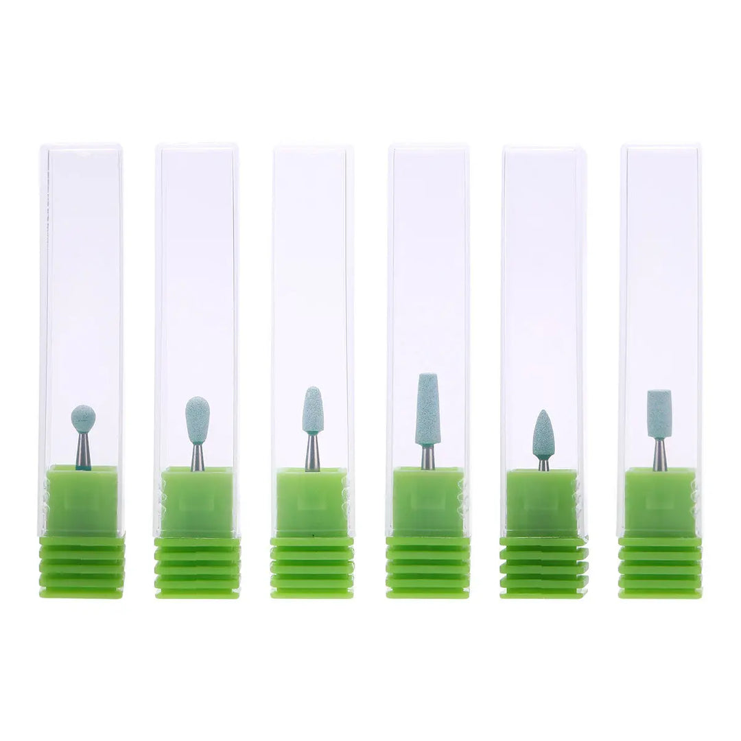 Six Dental Polishing Ceramic Diamond Grinder Zirconia Porcelain Polish Blue tools with various tip shapes, arranged in a row. Each grinder has a light blue ceramic tip attached to a green plastic base, showcasing different sizes and shapes for dental polishing applications.