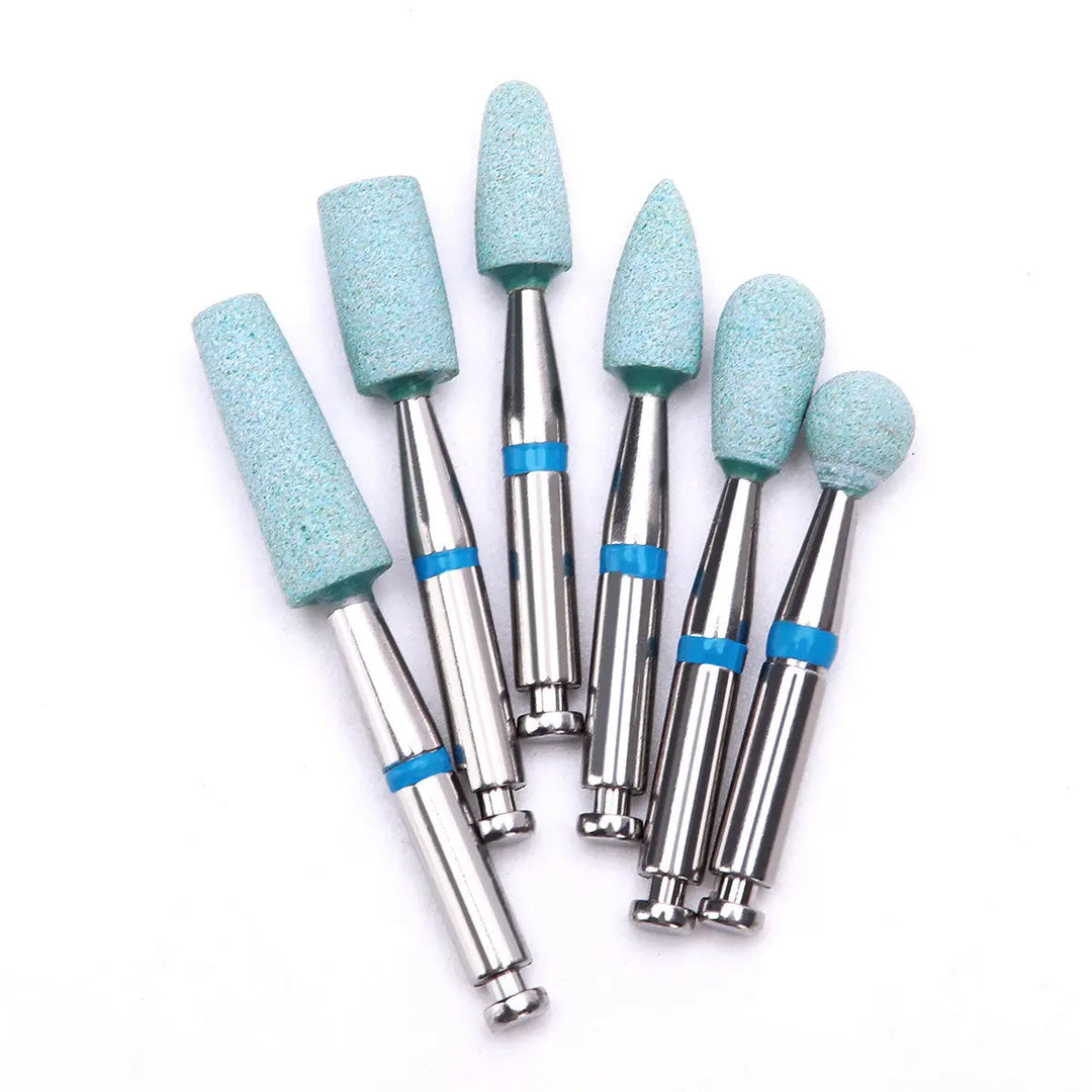 Dental Polishing Ceramic Diamond Grinder Zirconia Porcelain Polish Blue set featuring six light blue polishing heads of various shapes and sizes with silver metallic shanks and blue bands, arranged on a white background for dental procedures