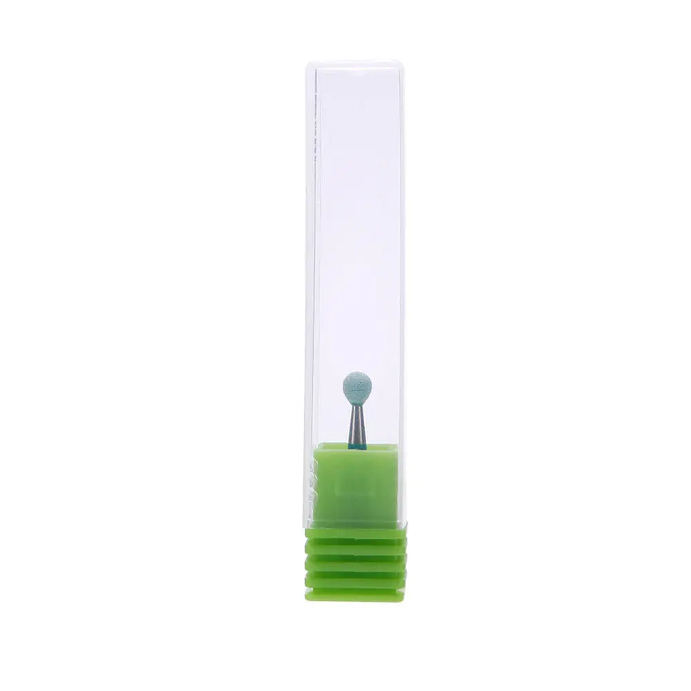 Dental Polishing Ceramic Diamond Grinder Zirconia Porcelain Polish Blue tool in clear plastic packaging with green base, showcasing small spherical grinding tip for precise dental work