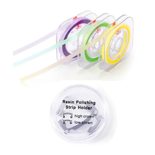 Dental Polishing Strip And Dental Resin Polishing Strip Holder set featuring color-coded strips in purple, green, and yellow for different grit sizes, alongside a transparent holder with high and low crown options for efficient dental resin polishing and finishing