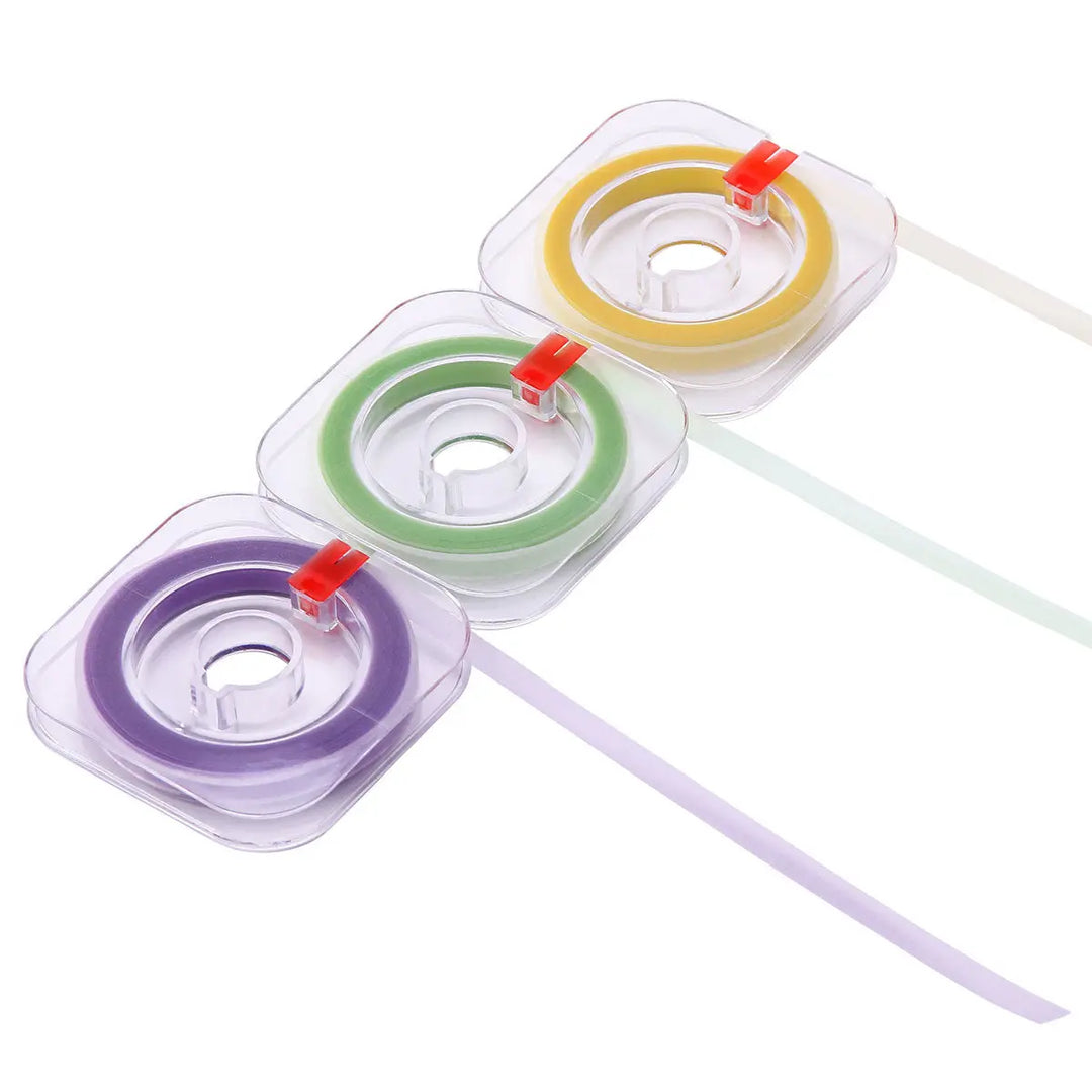 Dental Polishing Strip And Dental Resin Polishing Strip Holder: Three color-coded dental polishing strips in yellow, green, and purple, wound on clear plastic spools with red clips, arranged vertically on a white background.