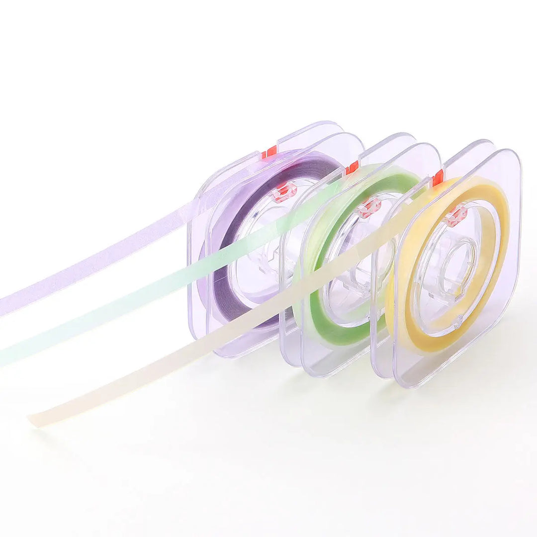 Dental Polishing Strip And Dental Resin Polishing Strip Holder set featuring color-coded grit sizes in purple, green, and yellow for coarse, medium, and fine polishing, displayed in clear plastic dispensers for convenient dental procedures