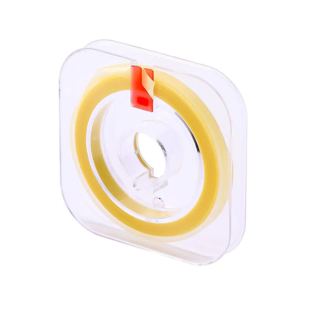 Dental Polishing Strip And Dental Resin Polishing Strip Holder: Clear plastic container with yellow dental polishing strip coiled inside, featuring a red tab for easy access. Essential tool for dentists to polish resin restorations and interproximal areas.