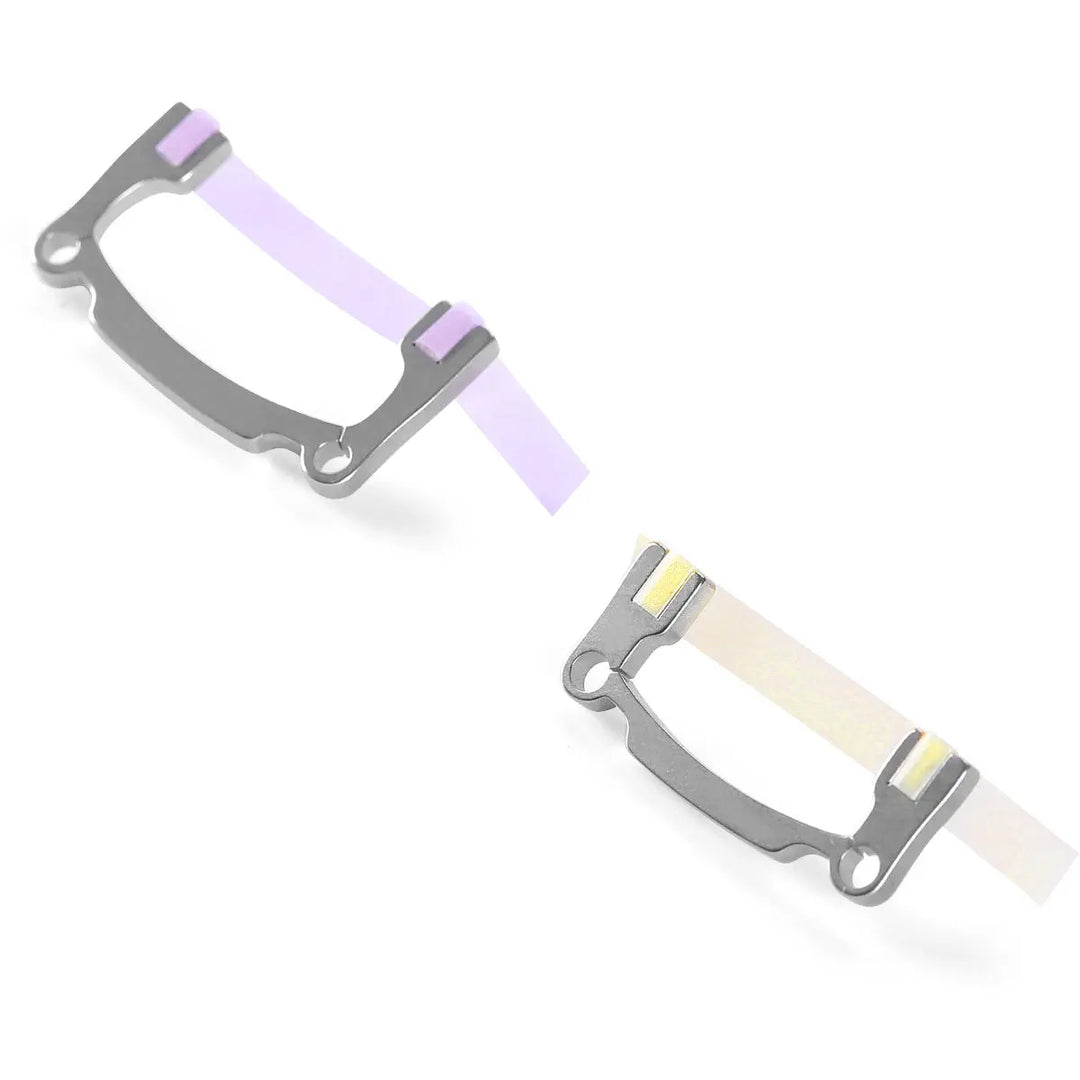 Dental Polishing Strip And Dental Resin Polishing Strip Holder: Two stainless steel holders with attached polishing strips in purple and yellow, designed for dental resin polishing and interproximal area smoothing. Essential tools for dental restoration work.