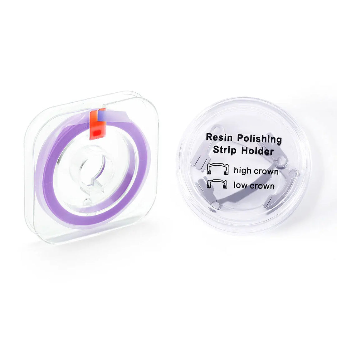 Dental Polishing Strip And Dental Resin Polishing Strip Holder: Purple polishing strip in clear dispenser and resin polishing strip holder with high and low crown options in plastic case for dental procedures and restorations