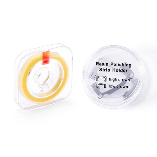 Dental Polishing Strip And Dental Resin Polishing Strip Holder set: yellow polishing strip in clear case and resin polishing strip holder with high and low crown options for dental procedures