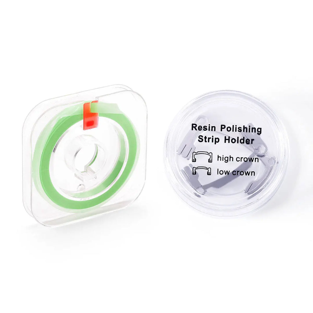 Dental Polishing Strip And Dental Resin Polishing Strip Holder set: green polishing strip in clear dispenser and resin strip holder with high and low crown options for effective dental restoration polishing and interproximal area smoothing.