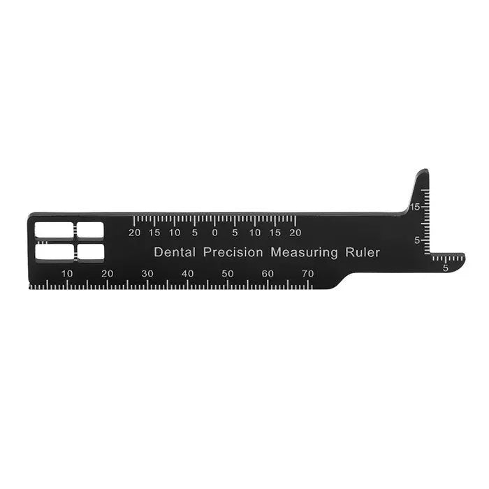 Dental Precision Measuring Ruler Span Measure Scale Endodontic Instruments: Black aluminum alloy ruler with multiple measurement scales for dental use, featuring clear markings for tooth lengths, widths, overbite, and overjet measurements.