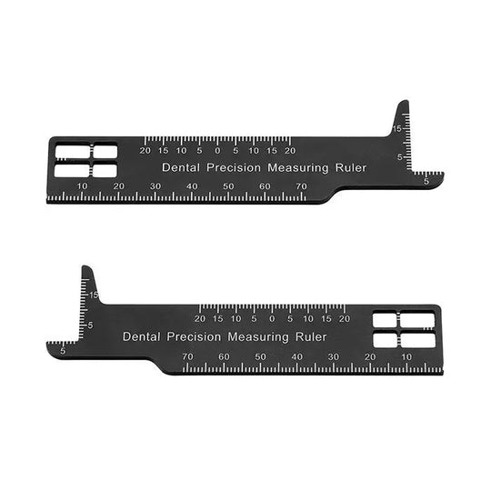 Dental Precision Measuring Ruler Span Measure Scale Endodontic Instruments: Two black aluminum alloy dental rulers with clear markings and scales for precise tooth measurements, featuring multiple measurement options and durable, lightweight design for dental procedures.