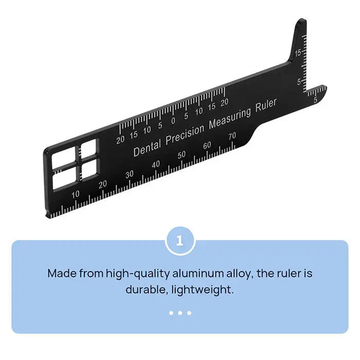 Dental Precision Measuring Ruler Span Measure Scale Endodontic Instruments: Black aluminum alloy dental ruler with multiple measurement scales for tooth lengths, widths, overbite, and overjet. Durable and lightweight design for accurate dental measurements.