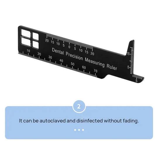 Dental Precision Measuring Ruler Span Measure Scale Endodontic Instruments: Black aluminum alloy dental ruler with clear markings for precise tooth measurements, featuring multiple scales and a durable design that can be autoclaved and disinfected without fading.