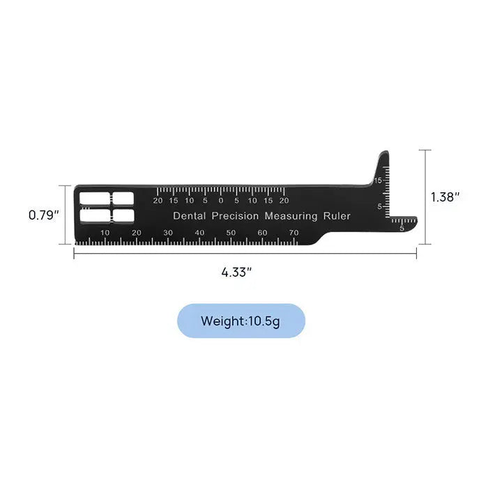 Dental Precision Measuring Ruler Span Measure Scale Endodontic Instruments with detailed measurements, including length of 4.33 inches, width of 1.38 inches, and thickness of 0.79 inches. Black aluminum alloy ruler with clear markings for dental measurements.