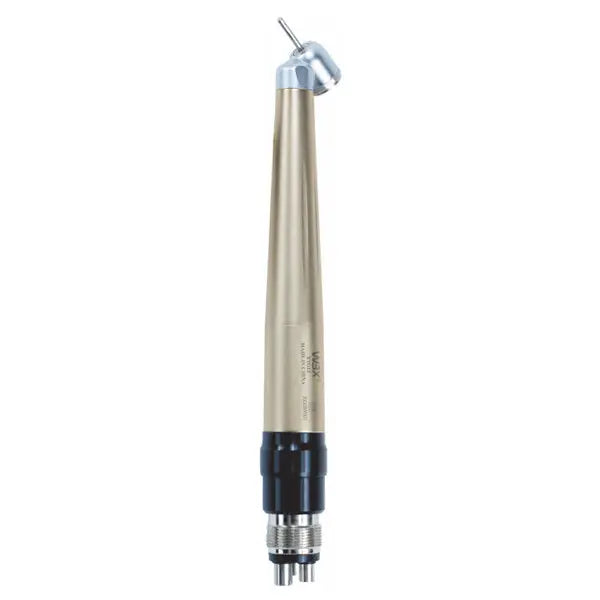 Dental Quick coupling handpiece with sleek metallic body, angled head, and push button design. Features standard head size, high-speed rotation, and low noise operation for efficient dental procedures.