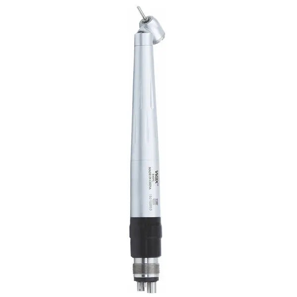 Dental Quick coupling handpiece with light source: High-speed dental tool with sleek silver design, LED light, and push-button chuck for easy bur changes. Compact head and ergonomic shape for precise dental procedures.