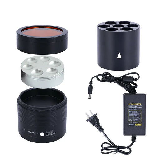 Dental Resin Composite Softener Heater Material Warmer 40℃-50℃ components: heating plate, resin base, temperature control unit, power adapter, and light filter. Compact device for improving dental composite resin flow and adhesive properties.