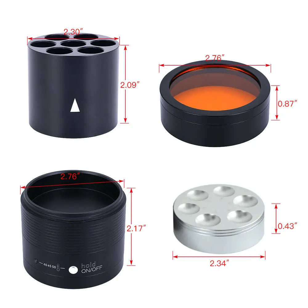 Dental Resin Composite Softener Heater Material Warmer components: black cylindrical base with holes, orange filter, temperature control unit, and silver heating plate. Dimensions shown for each part.