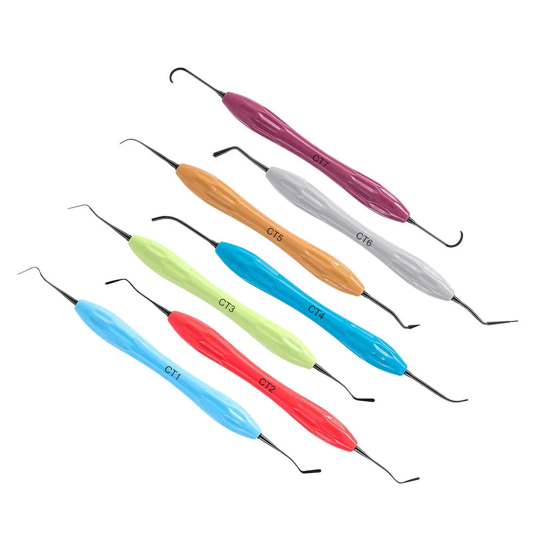 Dental Resin Filler Restorative Instrument Aesthetic Restoration Knife Silicone Handle set of seven colorful dental tools with ergonomic silicone handles and various shaped metal tips for precise dental work and resin shaping