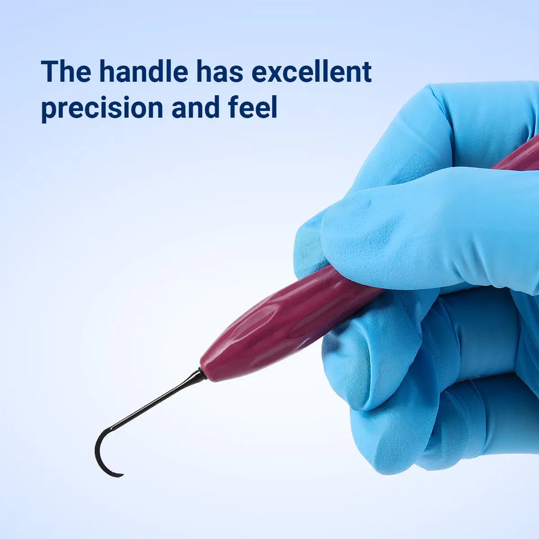 Dental Resin Filler Restorative Instrument with ergonomic silicone handle for precise control. Gloved hand holding red dental tool with curved metal tip against blue background. Text emphasizes excellent precision and feel of handle.