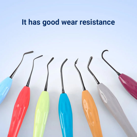 Dental Resin Filler Restorative Instrument set with colorful silicone handles and wear-resistant metal tips, including seven different shapes for various dental procedures, displayed against a light blue background with text highlighting durability.