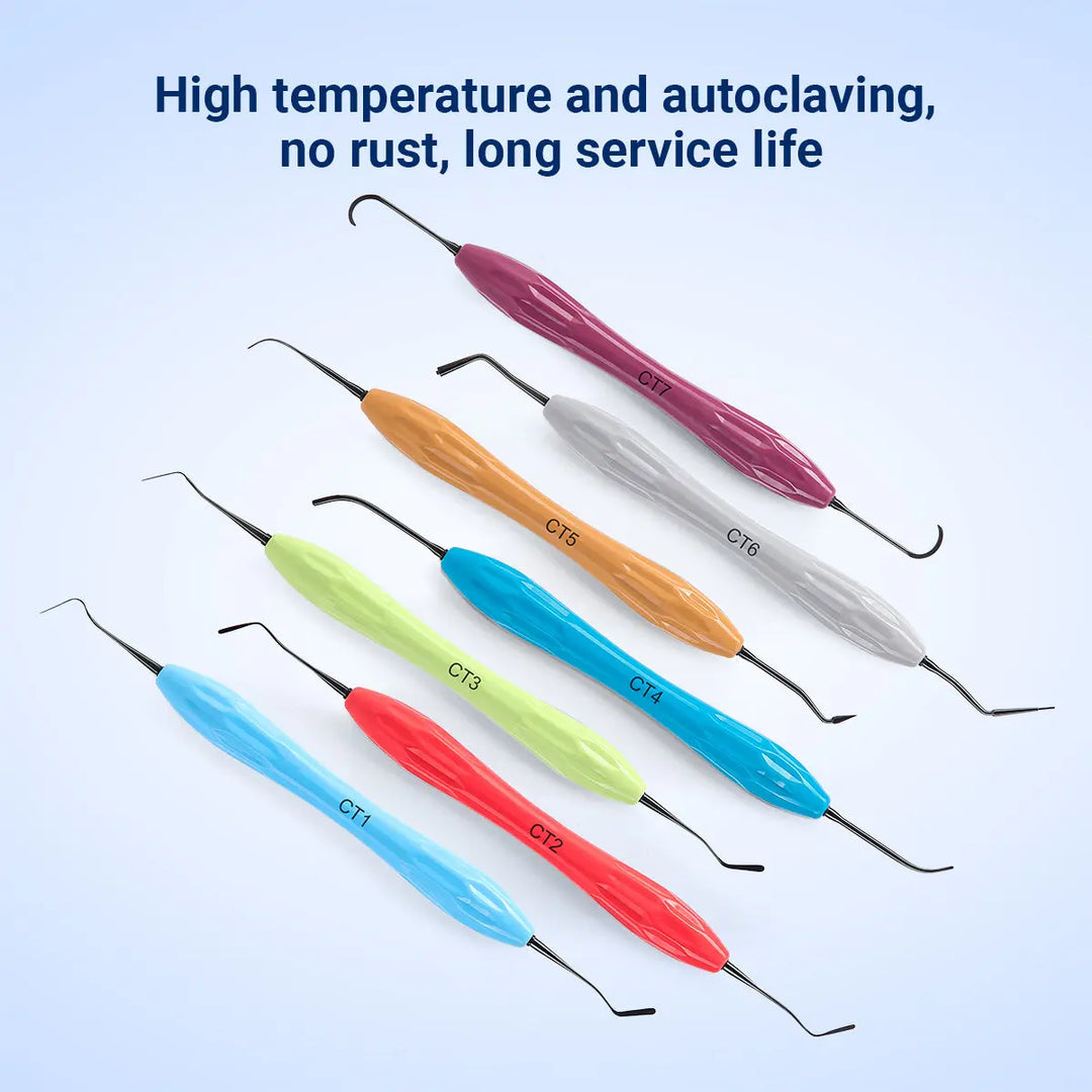 Dental Resin Filler Restorative Instrument set with colorful silicone handles and metal tips for aesthetic restoration. Seven different tools labeled CT1 to CT7 arranged on a light blue background. Text highlights durability and autoclave compatibility.