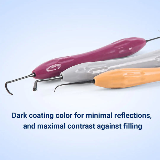 Dental Resin Filler Restorative Instruments with ergonomic silicone handles in pink, white, and yellow colors, showcasing their dark coating for minimal reflections and maximal contrast against dental fillings