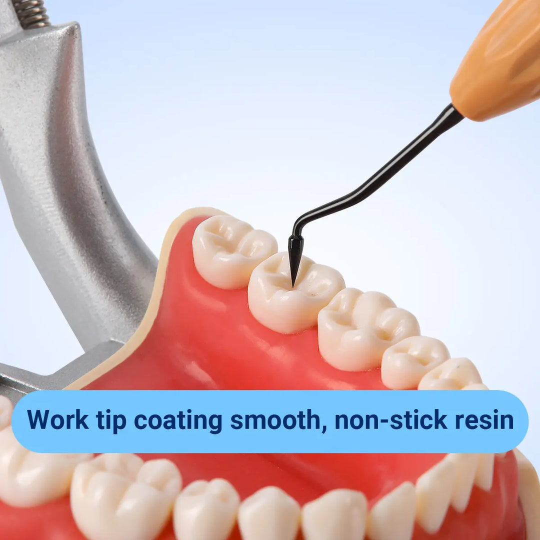 Dental Resin Filler Restorative Instrument with smooth, non-stick resin tip being used on dental model, demonstrating precise application for aesthetic tooth restoration