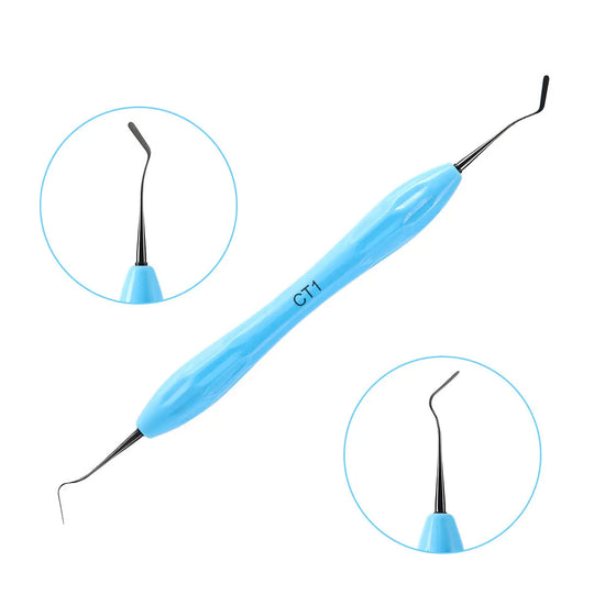 Dental Resin Filler Restorative Instrument with blue silicone handle and curved metal ends, labeled CT1. Close-up views of both ends showing precise dental tool tips for aesthetic restoration and composite shaping.