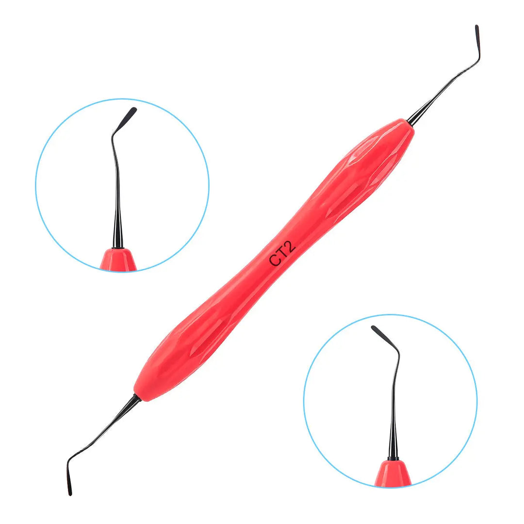 Dental Resin Filler Restorative Instrument with red silicone handle and curved metal tips at both ends, designed for aesthetic restoration. Close-up views of the precise metal tips for dental procedures.