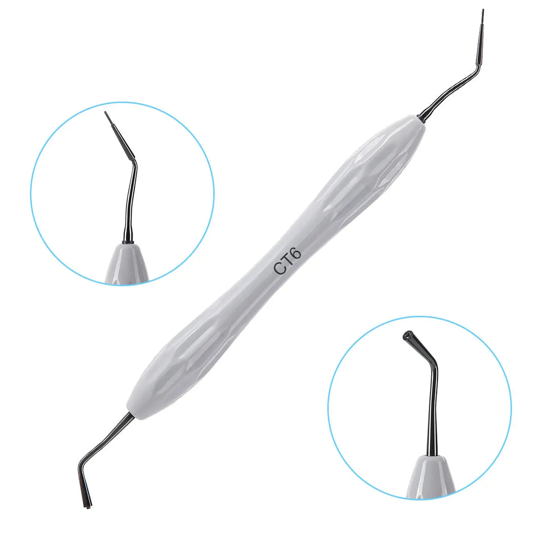 Dental Resin Filler Restorative Instrument with white silicone handle and angled metal tips on both ends. Close-up views of the precision tips in circular insets. Labeled CT6 for accurate composite layer thickness measurement in dental restorations.