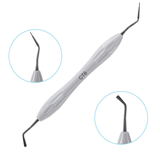 Dental Resin Filler Restorative Instrument with white silicone handle and angled metal tips on both ends. Close-up views of the precision tips in circular insets. Labeled CT6 for accurate composite layer thickness measurement in dental restorations.