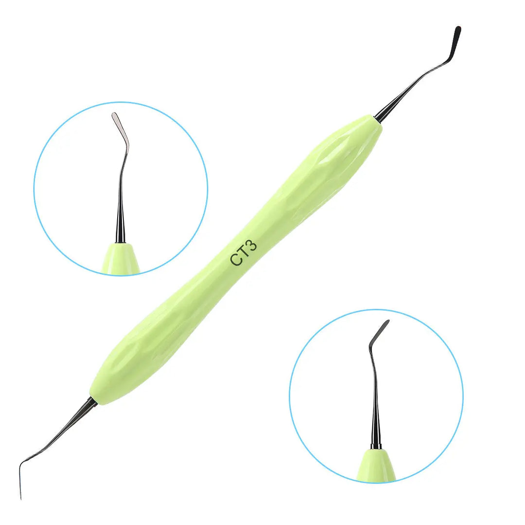 Dental Resin Filler Restorative Instrument Aesthetic Restoration Knife with green silicone handle and curved metal ends for precise dental work. Close-up views of the tool tips shown in circular insets.