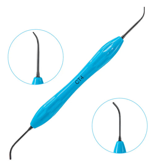 Dental Resin Filler Restorative Instrument Aesthetic Restoration Knife with blue silicone handle and curved metal tips, close-up view of both ends and full-length tool in center, designed for precise dental work and composite shaping