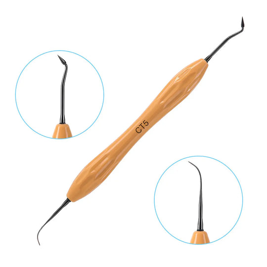 Dental Resin Filler Restorative Instrument with orange silicone handle and curved metal tips for aesthetic restoration. Close-up views of both ends showing precise, non-stick blades for shaping and contouring dental materials.